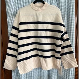 Commense Cream and Navy Blue Striped Oversized Sweater